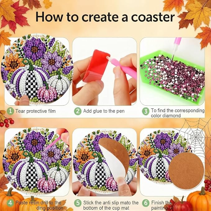 LWZAYS 8 PCS Fall Pumpkin Diamond Art Coaster Kits - Image 5
