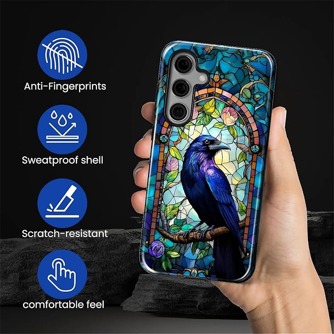 for Samsung Galaxy S25 FE Case, Crow Faux Stained Glass Pattern Glossy 2 in 1 - Image 5