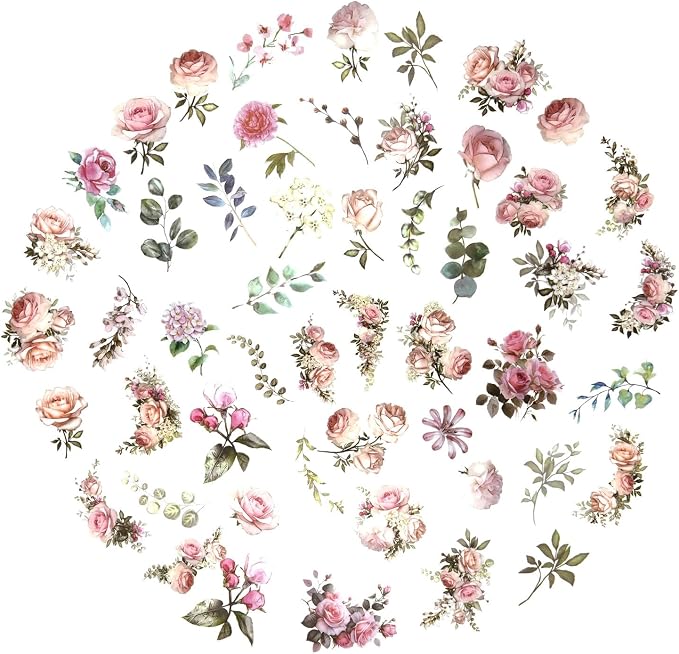 100 Pcs Pink Flower Stickers for Scrapbooking Junk Journal Notebook Diary - Image 2