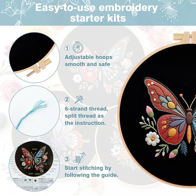 RidaaFri Embroidery Kit for Beginners, 3 Pk Stamped Butterfly DIY Craft Supplies - Image 7