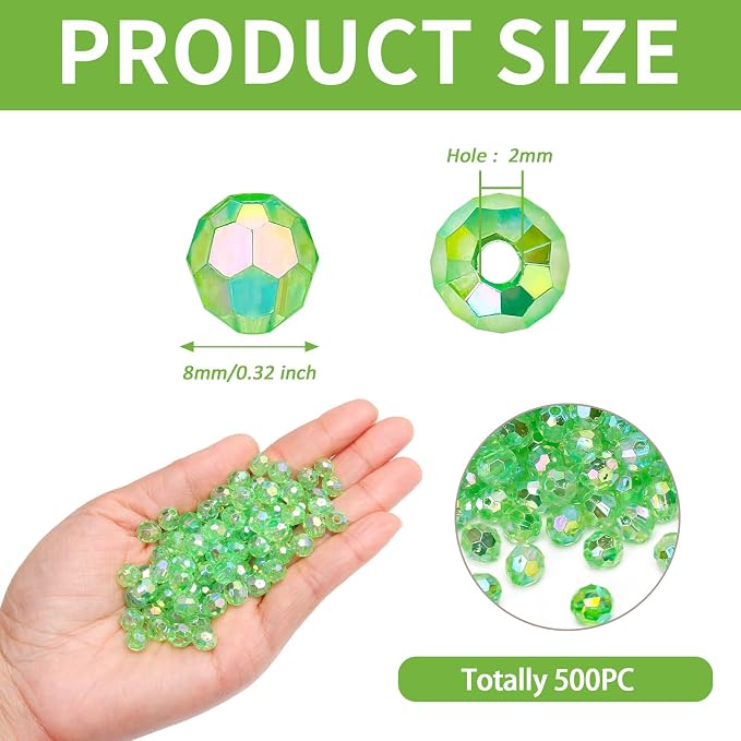 BONNY BOXX 500pcs 8mm Acrylic Faceted Round Crystal Beads Transparent Green AB - Image 2