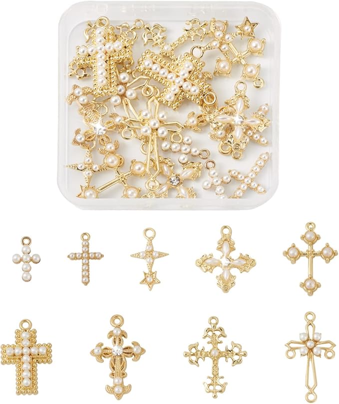 Cheriswelry 18Pcs Cross Metal Charms Light Gold Pearl Rhinestone Pendants Alloy by Cheriswelry