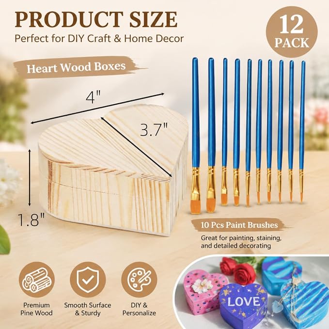 Acshio 12 Pack Unfinished Wood Heart Box, Unpainted DIY Treasure Chest - Image 2