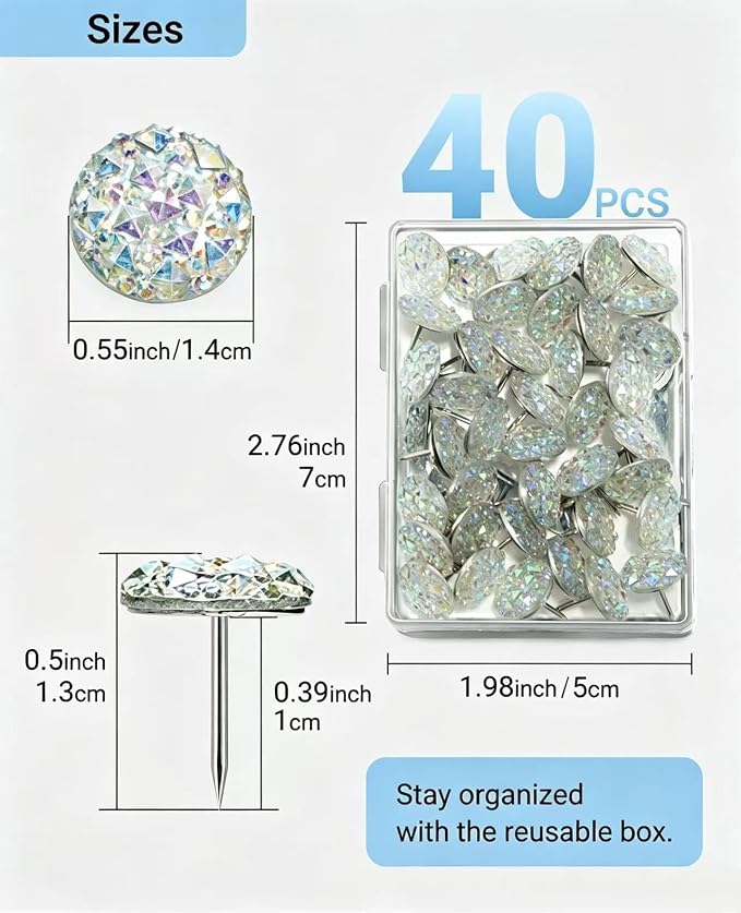 40 Diamond Pins Set, Decorative Push Thumbtacks - Image 2