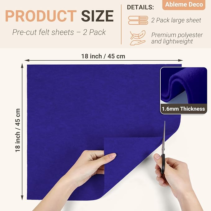 Felt Fabric Sheets 18" x 18" 1.6mm Soft Craft Felt, Royal Blue | Soft Precut - Image 2