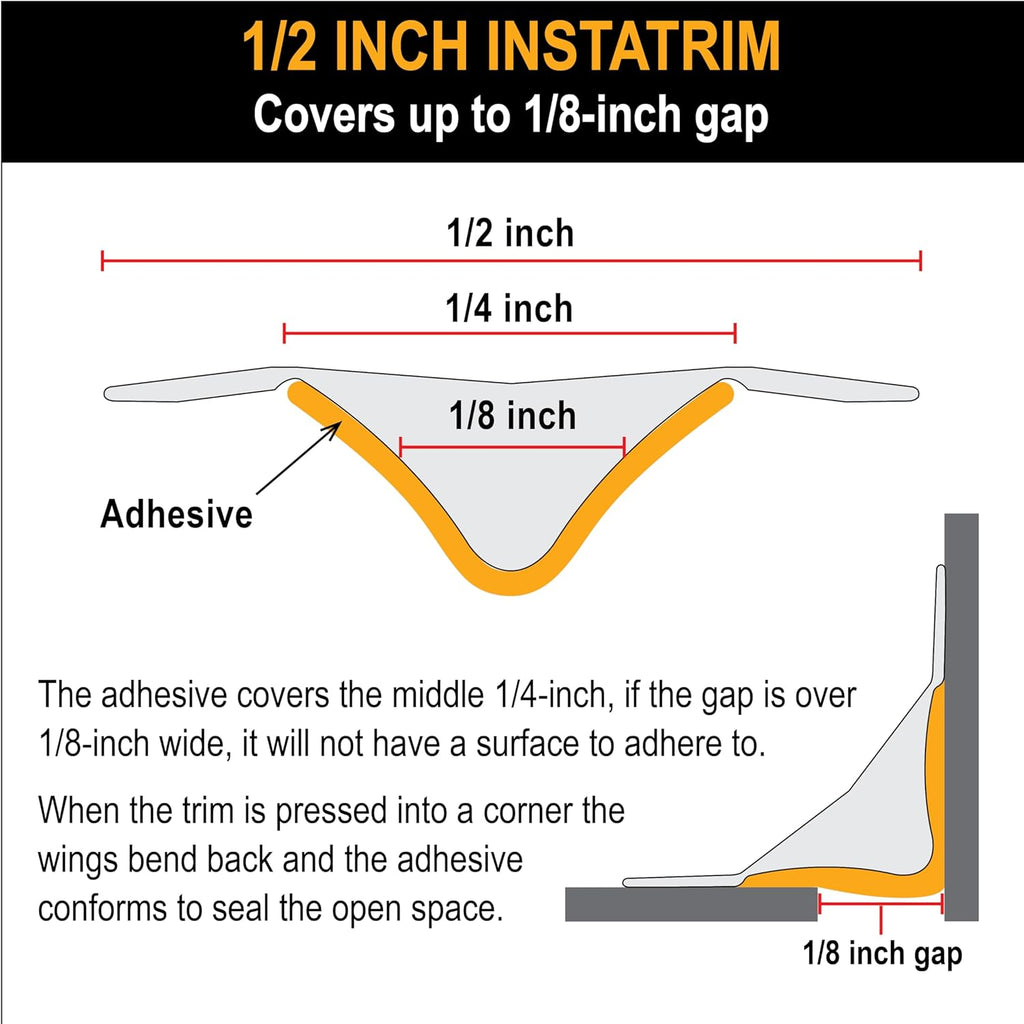 InstaTrim The Original Flexible Trim - 2-Pack of 10ft Grey 1/2" Wide Caulk Tape - Adhesive Trim with Many Uses Including Caulking for Bathtubs, Sinks, Counters, Tile, Floors - Made in USA