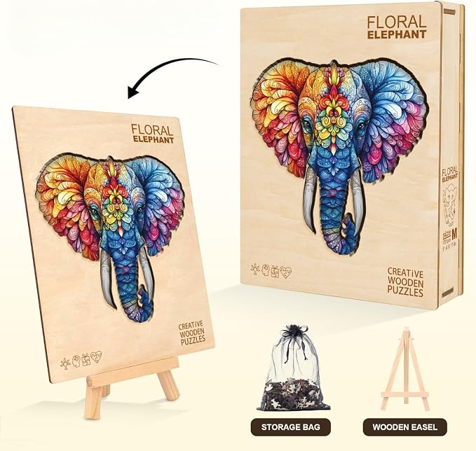Floral Elephant Puzzles Adults Gifts Wooden 95 Pieces 8.5 * 8.1in - Image 5