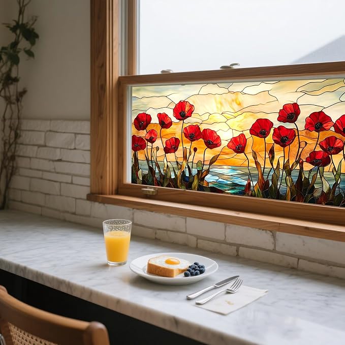 IVN Stained Glass Window Film 39.3x17.7 inch Poppy Flowers Window Privacy Film - Image 5