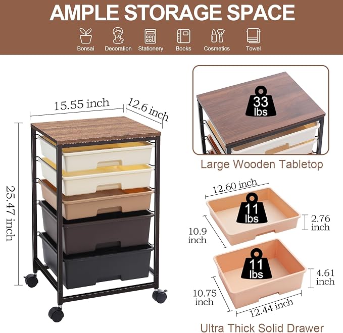SYKIARIOL Utility Cart with 5 Drawers, Storage Drawer Cart with Wooden Tabletop - Image 3