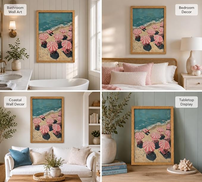 Framed Pink Beach Umbrella Canvas Wall Art, Girl Coastal Natural Painting - Image 6