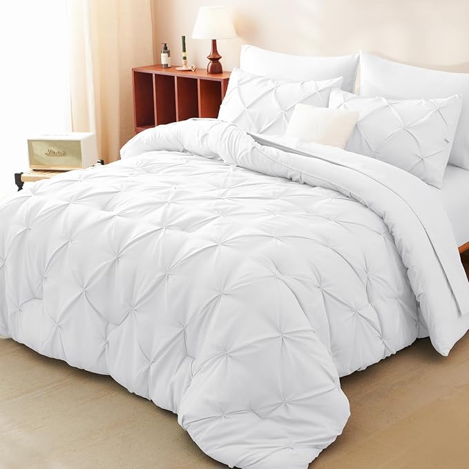 HIMEET Pintuck Bed in a Bag, 7 Pieces Oversized Queen Comforter Set White - Image 9