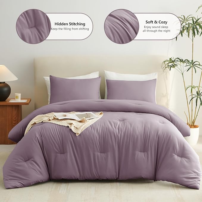 CozyLux California King Comforter Set Dusty Purple, 3 Pieces Cal King Solid - Image 2