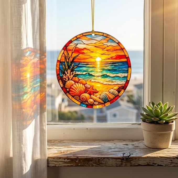 Beach Gifts for Women Acrylic Faux Stained Glass Ornament, Ocean Sunset Coastal - Image 4