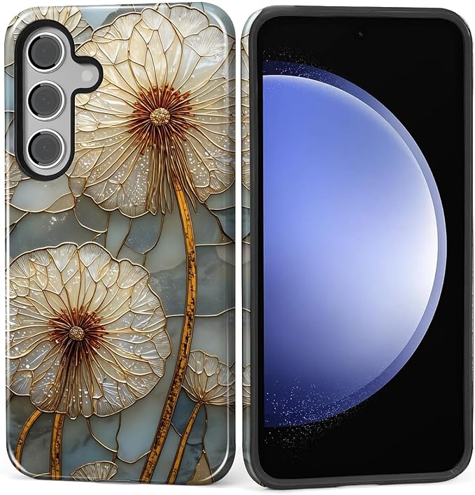 for Samsung Galaxy S24 Case, Dandelion Stained Glass Pattern Glossy 2 in 1 by Teonvpu
