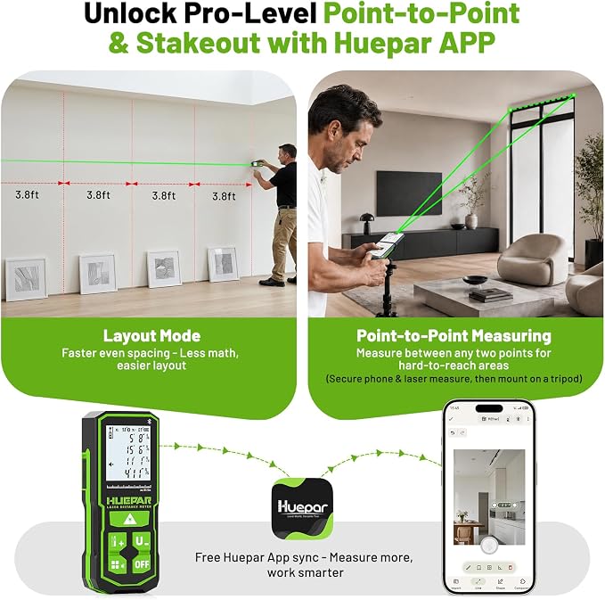 Huepar 395FT Bluetooth Green Laser Measuring Tool S120-G-BT | 1/16in Accuracy - Image 3