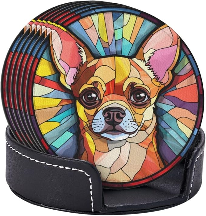 Drink Coaster Set of 6, Chihuahua Dog Mom Lover Gift, Leather Drink Coasters - Image 9