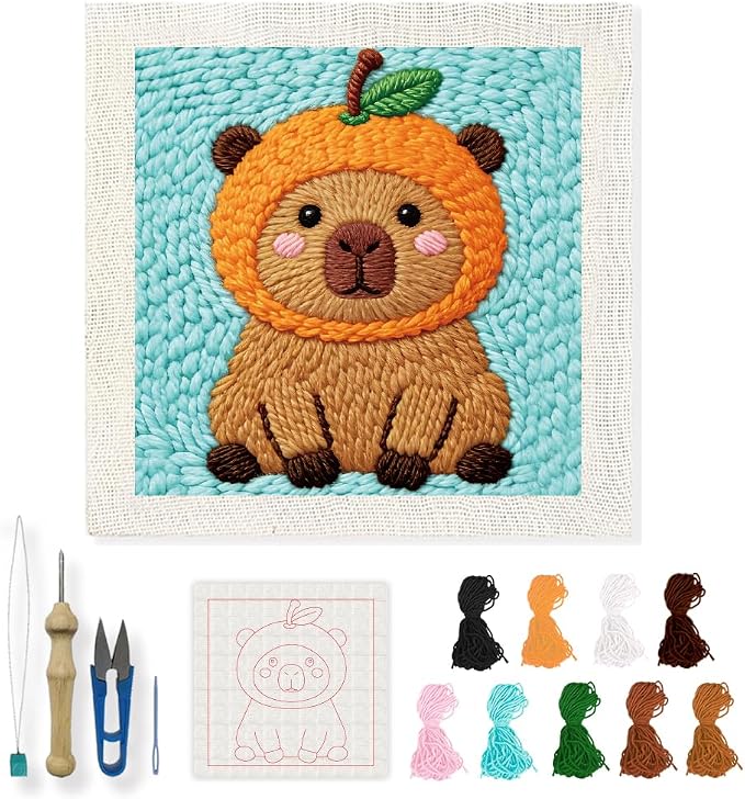 INFUNLY Orange Capybara Punch Needle Kit 9.4x9.4" DIY Punch Embroidery Kit by INFUNLY