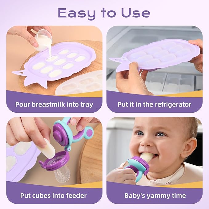 Baby Fruit Feeder Baby Breastmilk Popsicle Molds, Food Freezer Tray Storage Containers, Silicone Pacifier Feeder and Teether, Includes 6 Extra Food Pacifier