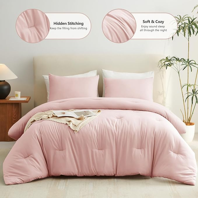 CozyLux Oversized Queen Comforter Set Blush Pink, 3 Pieces 98x98 Solid - Image 2