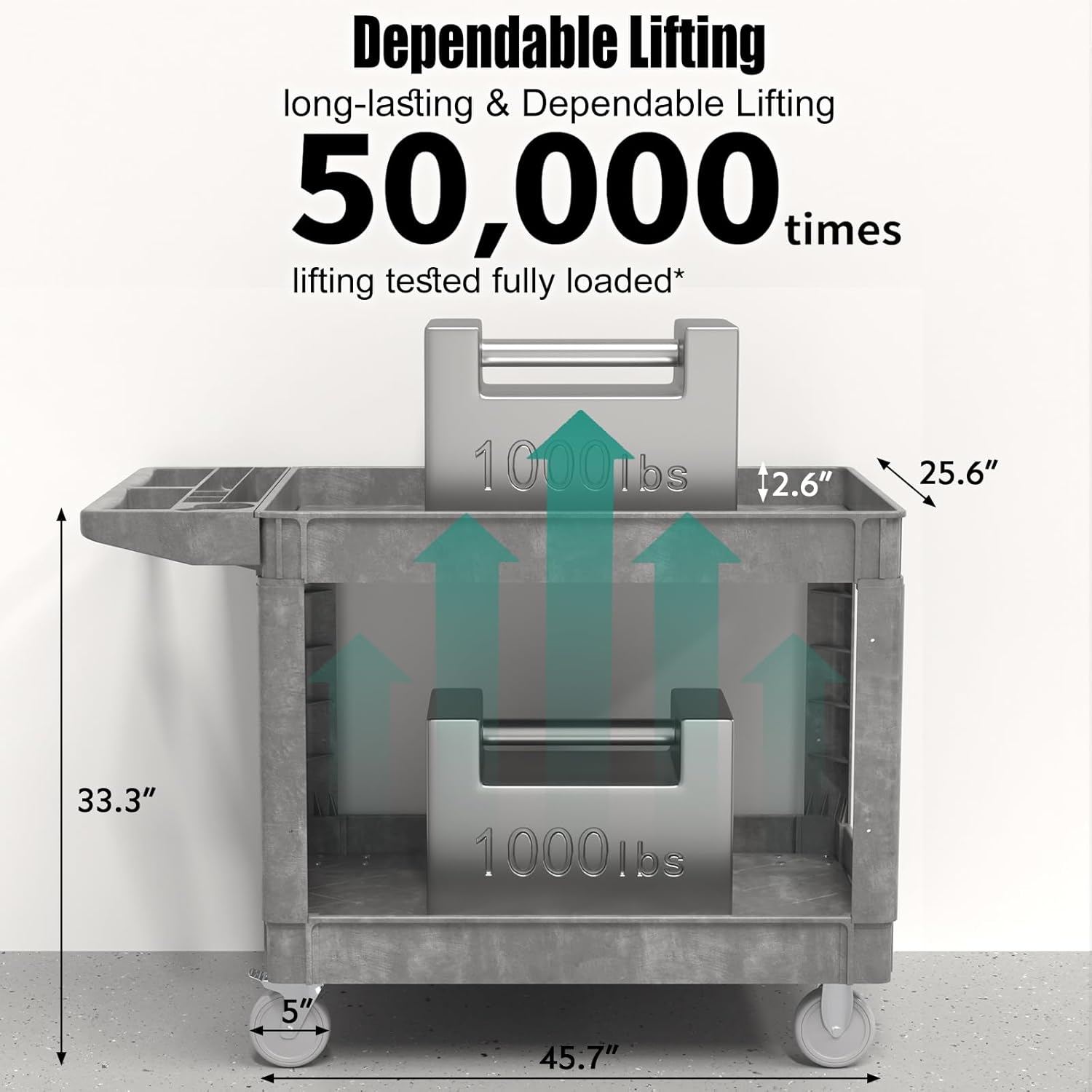 Utility Cart on Wheels, 1000 lbs Capacity Rolling Service Cart, 45 x 25 Inch Work Carts, 2 Shelf Heavy Duty Plastic Tool Cart, Lipped Shelves, for Warehouse, Garage, Cleaning, Gray