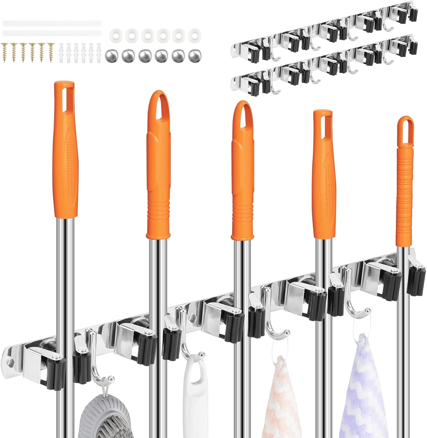 2Pcs 5 Racks 4 Hooks Stainless Steel Broom Mop Holder Anti Slip Wall Mount Broom Storage Rack Strong Load Bearing Waterproof Mop Broom Organizer for Bathroom Kitchen Garage