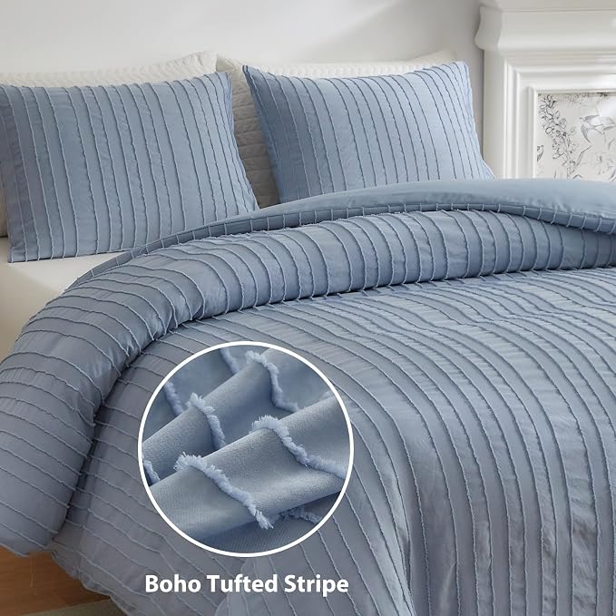 WARMDERN Blue Striped Duvet Cover Set, Boho Textured Tufted Bedding, 2 Piece - Image 2