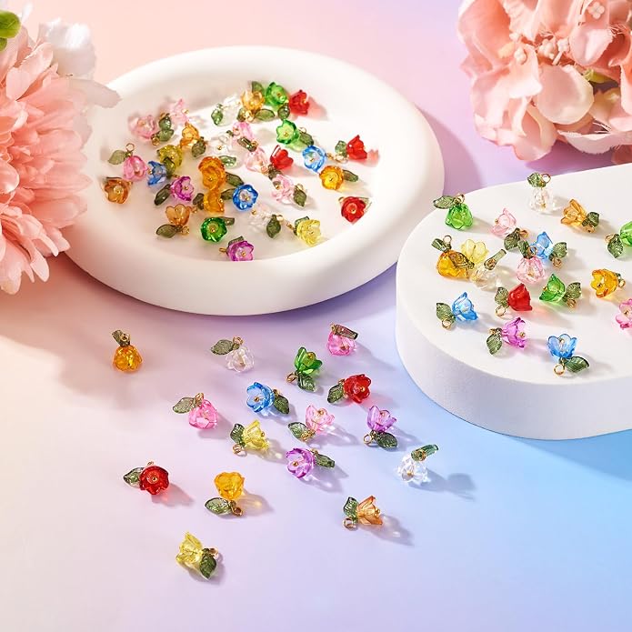 Cheriswelry 100pcs Flower Bracelet Charms Leaf Flower Acrylic Dangle Pendants - Image 6