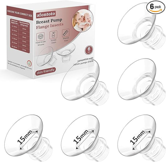 Flange Inserts 15mm for 24mm Flanges/Shields of Pumps, Softer Silicone Flange Insert Compatible with Momcozy/Spectra/eufy/Medela/TSRETE Breastpump, Replacement Pump Parts Flanges Sizing Kit, 6PCS-15mm