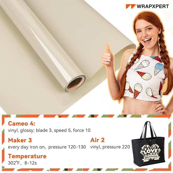 WRAPXPERT Cream HTV Vinyl Rolls Beige Heat Transfer Vinyl 12''x5ft Iron on Vinyl - Image 4