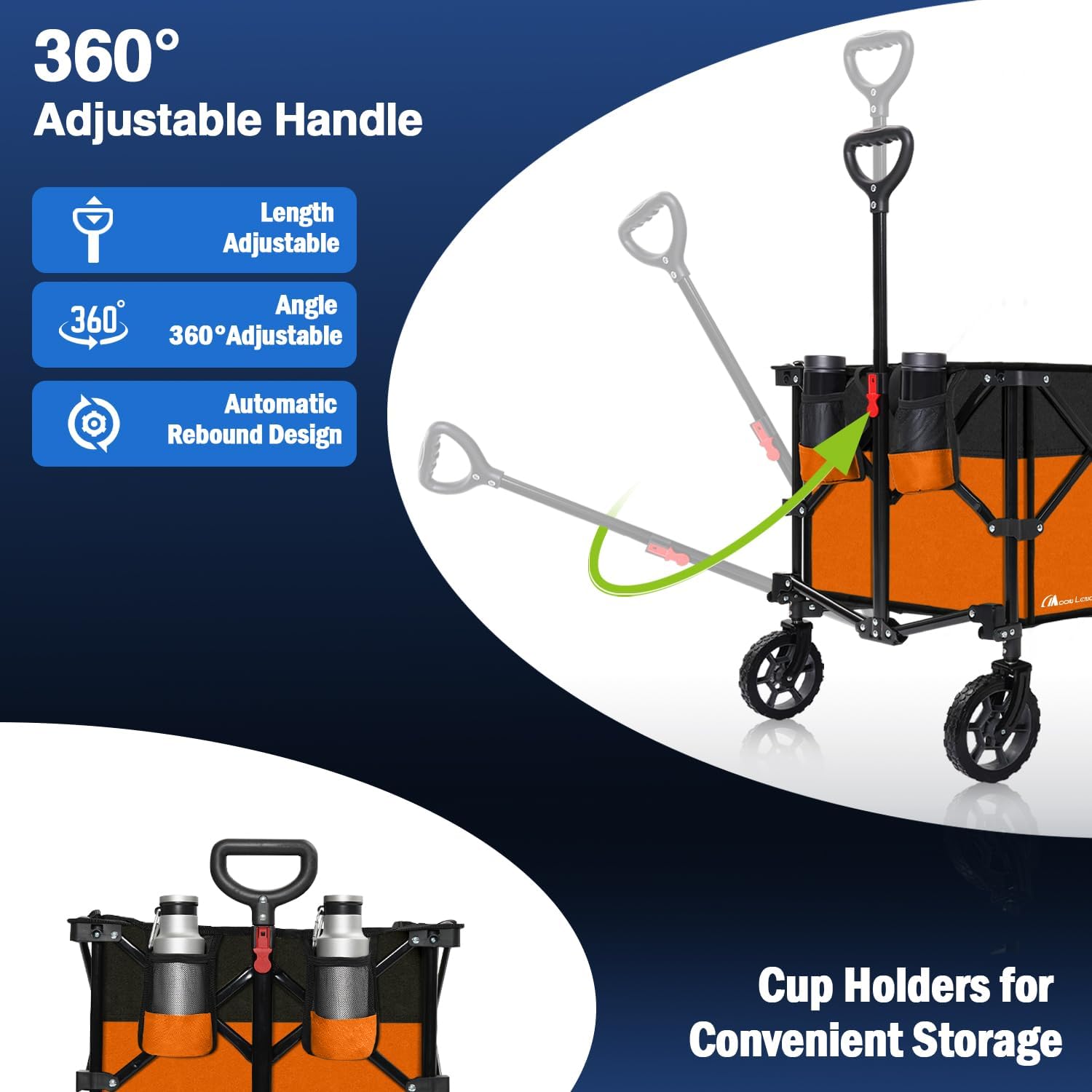 Moon Lence Collapsible Folding Wagon Cart Heavy Duty Folding Garden Portable Hand Cart with All-Terrain Beach Wheels, Adjustable Handle & Drink Holders (Orange & Ivory)