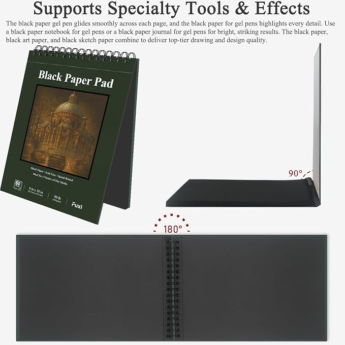 Fuxi Black Paper Sketchbook 8"×10", 60 Sheets Double-Sided Hard Cover, Spiral - Image 4