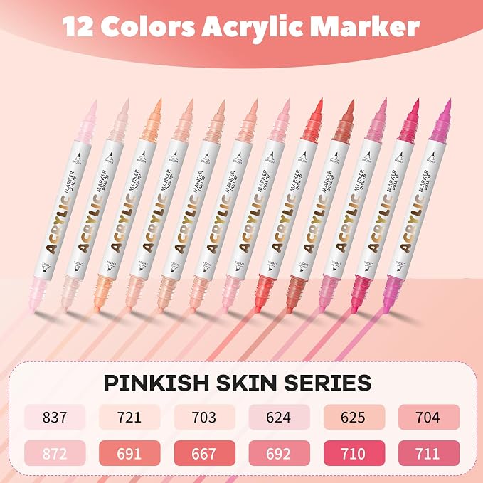 Pink Skin Acrylic Paint Pens, Water Based 12 Colors Dual Tip Acrylic Paint - Image 2