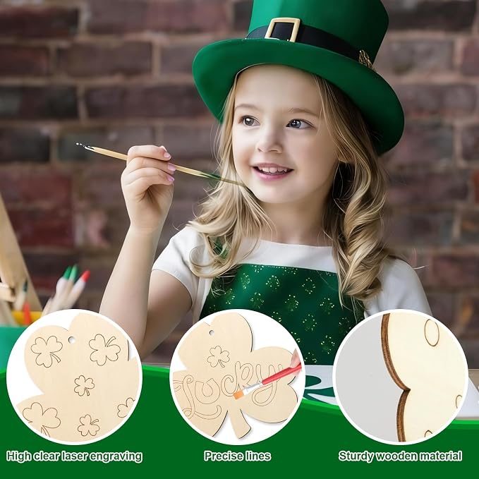 COCHIE St. Patrick's Day Shamrock Wood Crafts to Paint Set of 24, Saint Patrick - Image 3