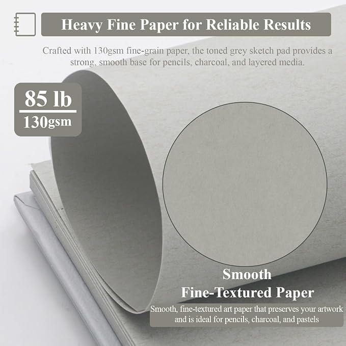 SuFly Gray Toned Sketch Pad, 85lb/130gsm Toned Gray Paper - Image 3