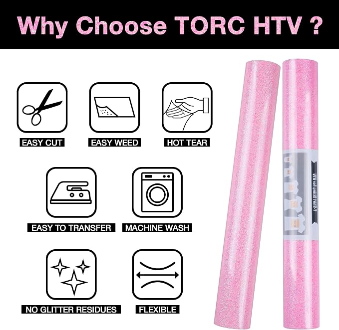 TORC Pink Glitter HTV Heat Transfer Vinyl 2 Rolls Iron on Vinyl - Image 3