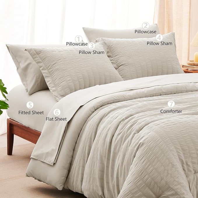CozyLux Oversized King Comforter Set Beige Seersucker 7 Pieces 120x98 Bed in a - Image 7