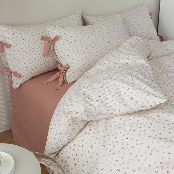 mixinni White Flower Pattern Duvet Cover Full Pink Floral Stripes Duvet Cover by mixinni