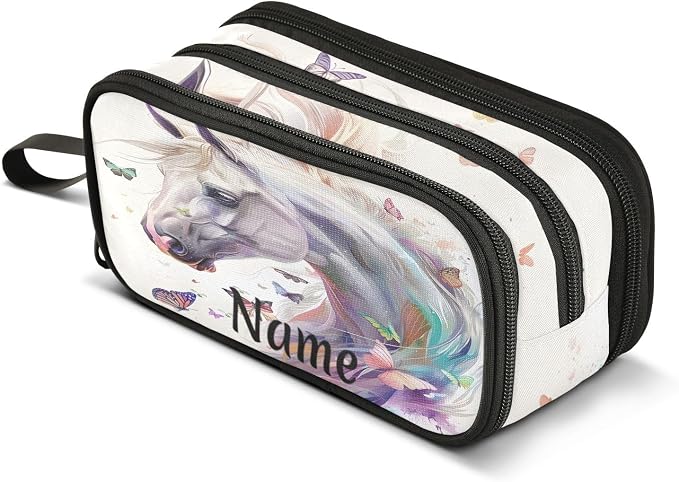 Custom White Horse Butterflies Pencil Case Box Boys Girls Personalized Name by BOENLE-WELCOMEYOURCOMING