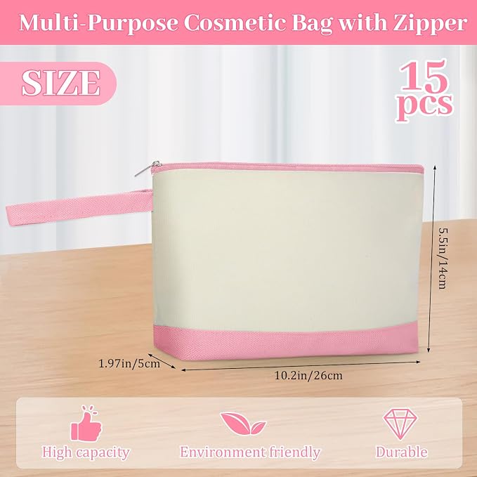 Silkfly 15 Pcs Cotton Canvas Makeup Bags Cosmetic Zipper Bags 10.2 x 5.5 x 2'' - Image 2