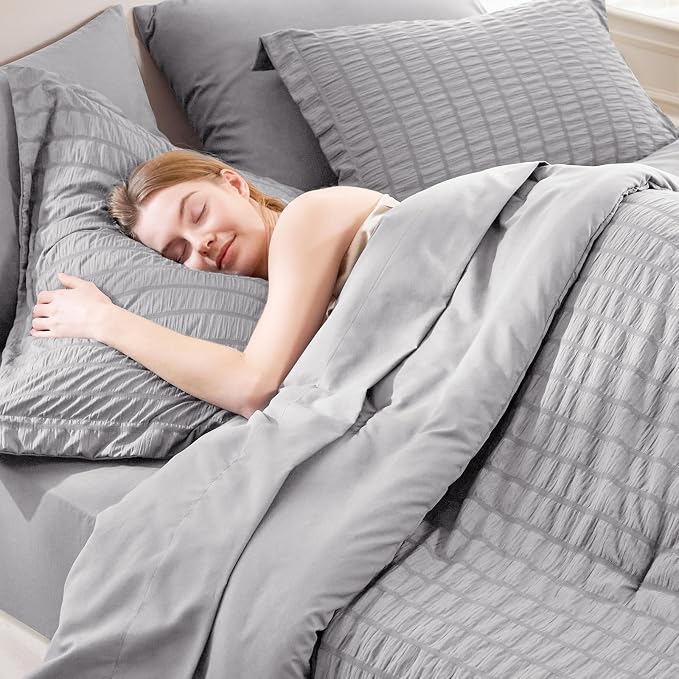 CozyLux King Size Comforter Set Grey Seersucker 7 Pieces Bed in a Bag King - Image 3