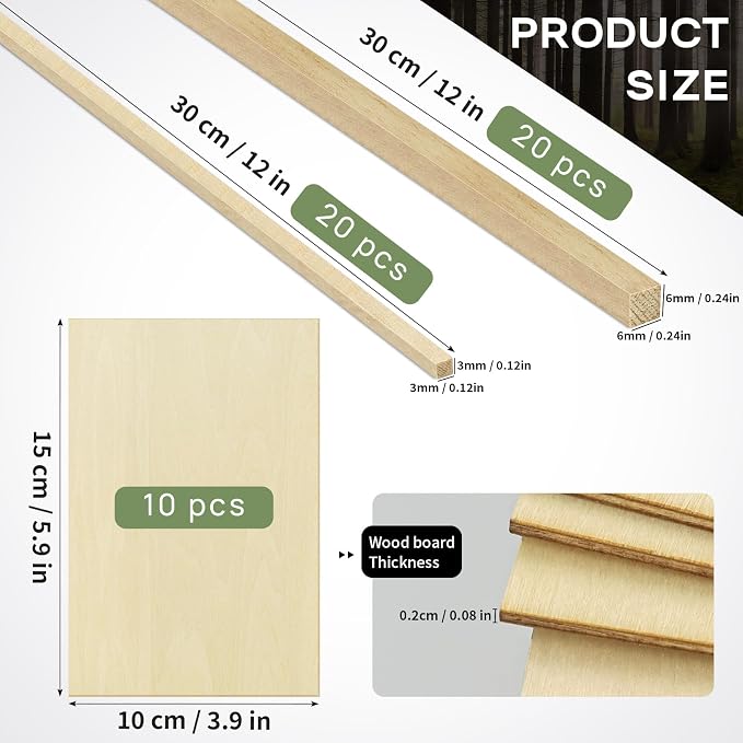 Unfinished Balsa Wood Sheets Sticks, Wood Dowel Rods Square Basswood Sheets - Image 2