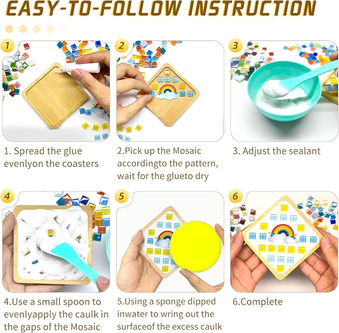 Wulqiiy 8 Sets DIY Mosaic Coaster Kit – Mixed Color Glass Mosaic Tiles - Image 4