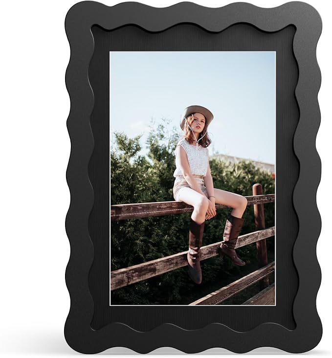 5x7 Picture Frame with Mat for 4x6, Wavy Edge Wooden Real Glass Photo Frame for by THKRLOF