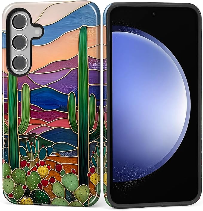 for Samsung Galaxy S25 Plus Case, Stained Glass Cactus Pattern Glossy 2 in 1 by Teonvpu