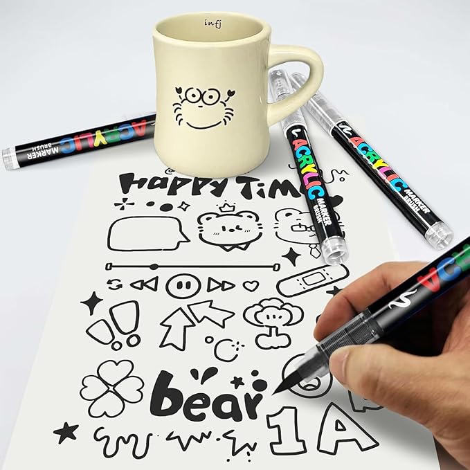 Surcotto 12 PCS Black Acrylic Paint Markers, Soft Brush Tip Acrylic Paint - Image 6