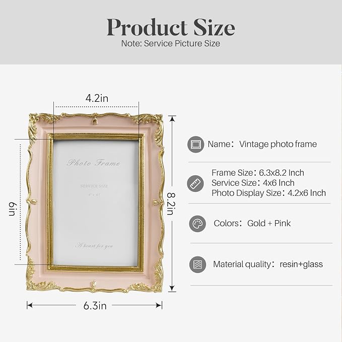 Cuspin 4x6 Vintage Picture Frame Pink and Gold Frame, 4 by 6 Photo Frames - Image 5