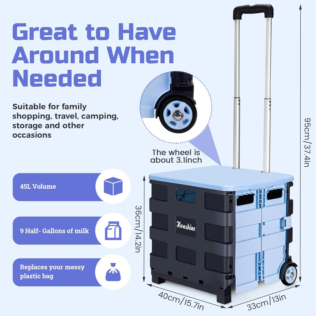 Collapsible Rolling Crate on Noiseless Wheels: Portable Utility Cart for Shopping Teacher Laundry (Blue)