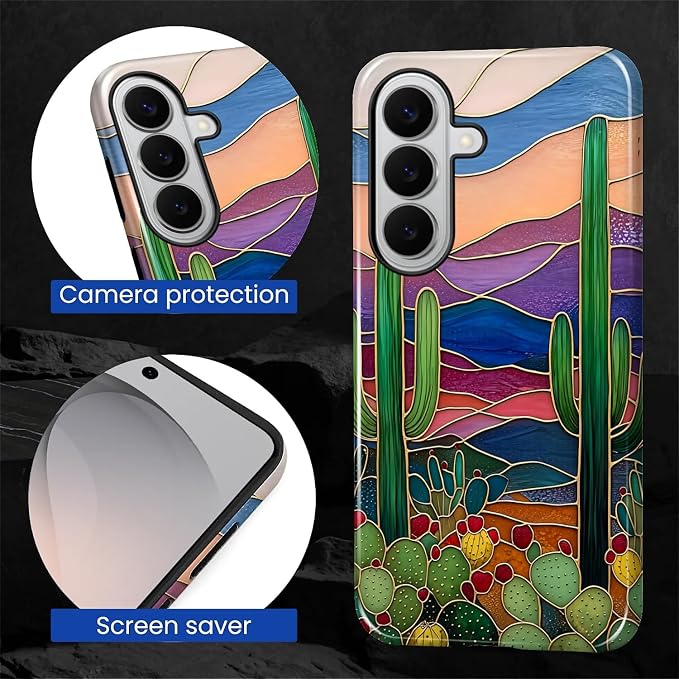 for Samsung Galaxy S26+ Case, Stained Glass Cactus Pattern Glossy 2 in 1 - Image 5