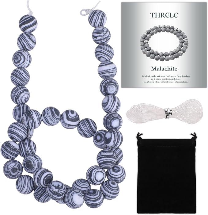 10mm Matte Black And White Malachite Bead, 15-Inch Matte Round Loose Stone Beads by THRELE