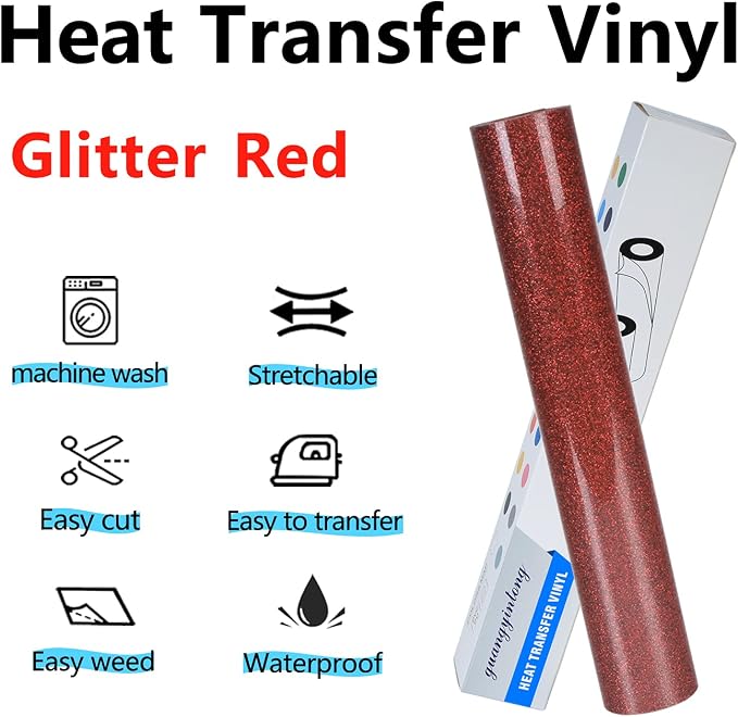 guangyintong Glitter Heat Transfer Vinyl HTV Rolls, Glitter Red HTV Vinyl - Image 2